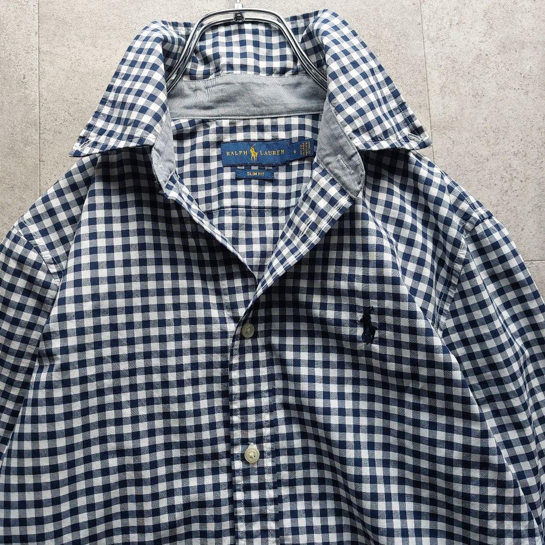 美品 ラルフローレン ギンガムチェックシャツ L 紺×白 - メルカリ