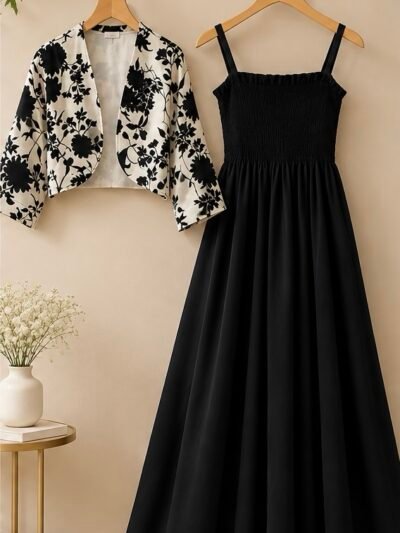 🖤 Elegant Black Maxi Dress with Floral Printed Cropped Jacket 🌸✨