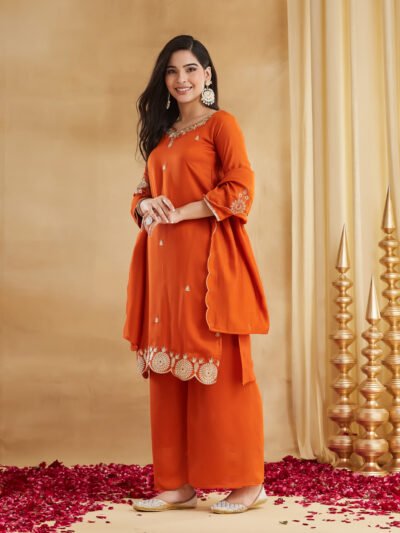 Elegant Orange Vichitra Silk Embroidered Palazzo Suit Set ✨🧡