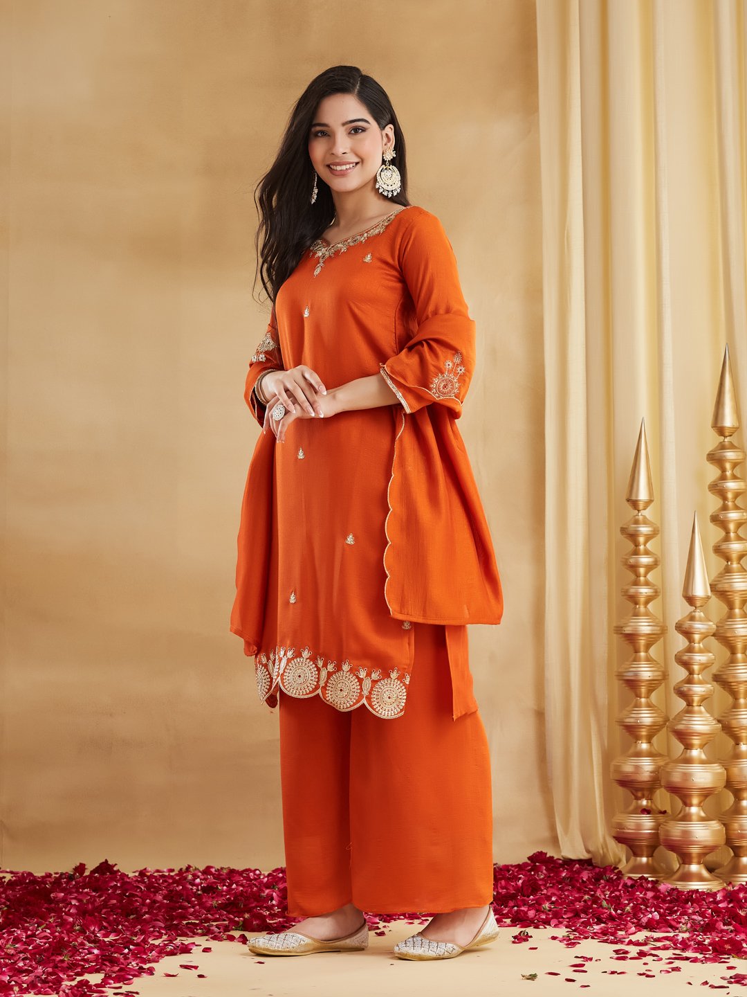 Elegant Orange Vichitra Silk Embroidered Palazzo Suit Set ✨🧡