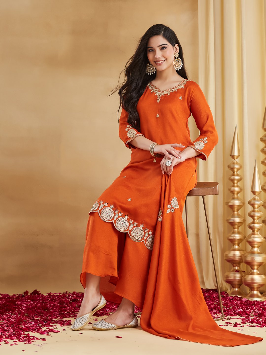 Elegant Orange Vichitra Silk Embroidered Palazzo Suit Set ✨🧡 - Image 2