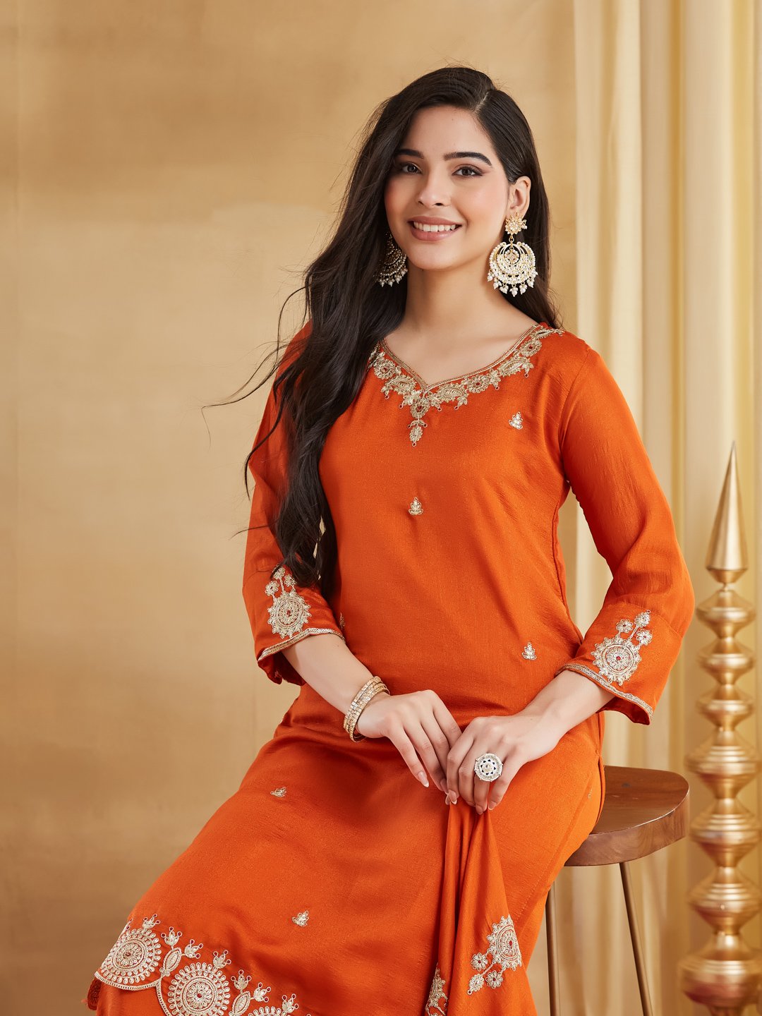 Elegant Orange Vichitra Silk Embroidered Palazzo Suit Set ✨🧡 - Image 5