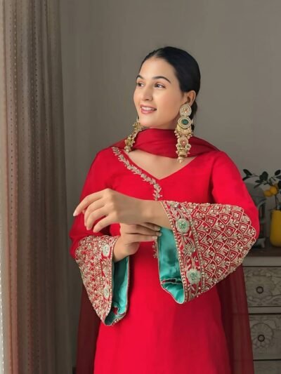 Premium Red Heavy Crepe Silk Embellished 3-Piece Kurta Set ❤️✨