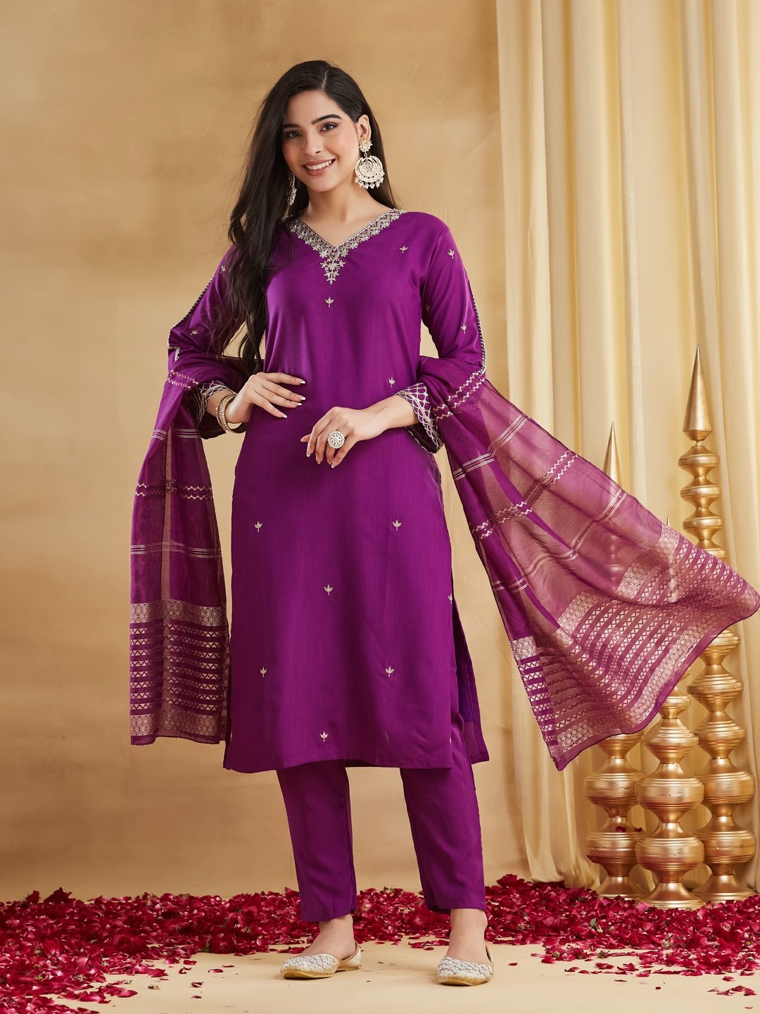 πβ¨ Royal Purple Embroidered Viscose Rayon Suit Set with Chanderi Jacquard Dupatta | MV-662 β¨π - Image 10