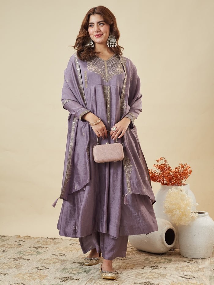 πβ¨ Lavender Vichitra Silk Embroidered Suit Set with Fancy Silk Dupatta | MV-669 β¨π - Image 2