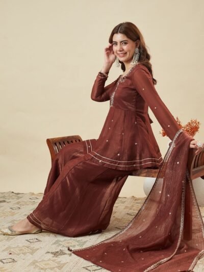 🤎✨ Royal Mocha Embroidered Fandy Silk Suit | MV-673 ✨🤎